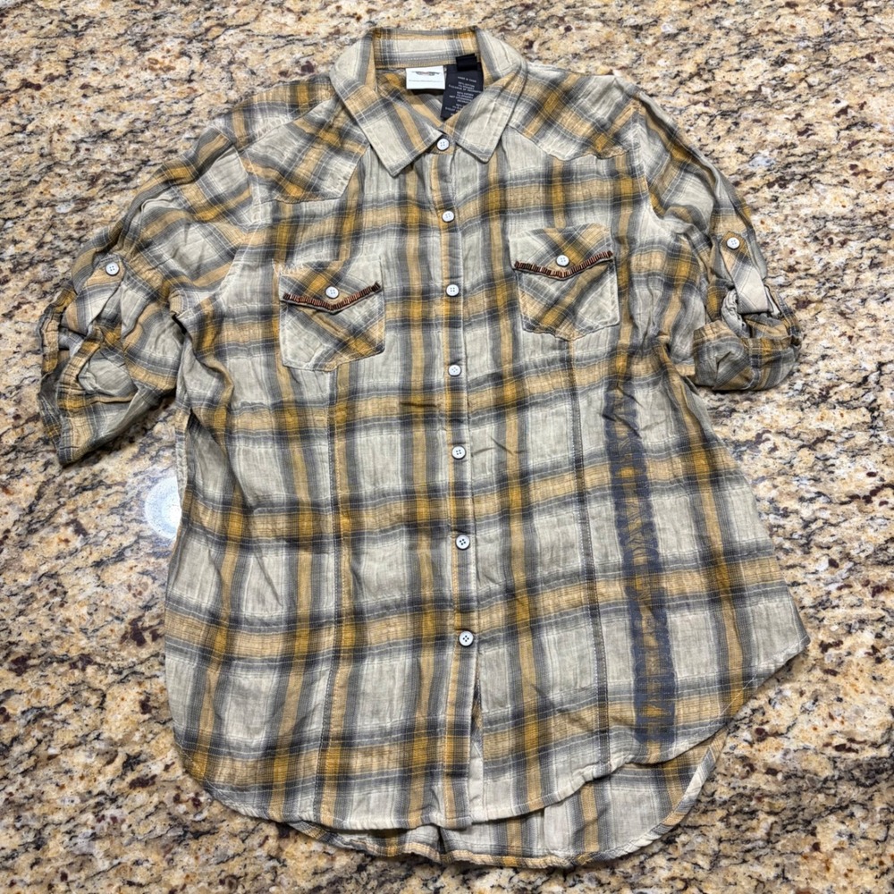 Harley-Davidson Womens Plaid Roll Tab Sleeve Western Shirt Yellow Grey Large ws